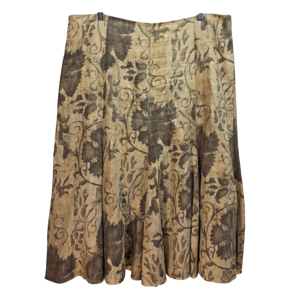 Lauren Ralph Lauren Tulip Midi Skirt Womens 14 All Linen Floral Damask Tan Brown